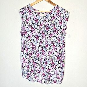 Loft Floral Cap Sleeves Top Pink and White Size Medium